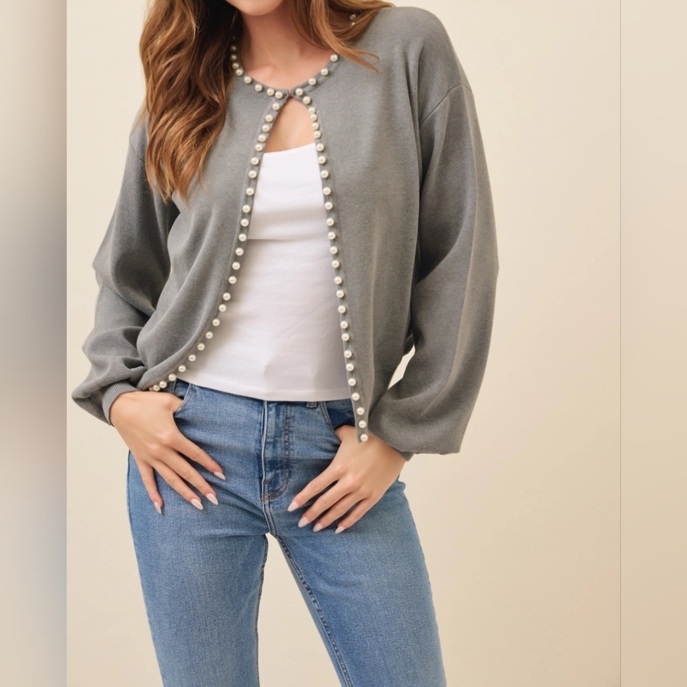 #90123   Chic & Fab Pearl Embellished Cardigan Sweater Top